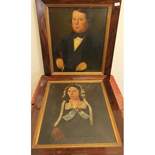 315 - Pair of 19th C rosewood framed oil on canvas head and shoulder portrait of a lady and gentleman (67c... 