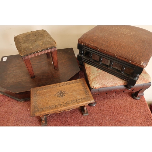 302 - 19th C rectangular stool, a very small 19th C oak and woolwork top stool with tapering supports, ano... 