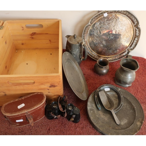 343 - Wooden storage box with silver plated tray, cased binoculars,  pewter ware, bronze vase etc