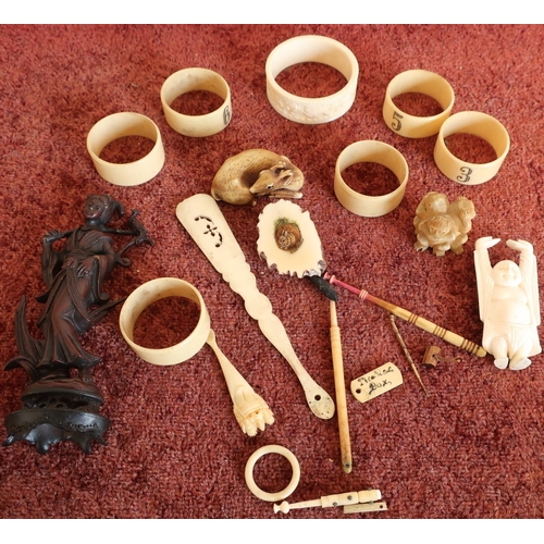 345 - Selection of 19th/20th C carved bone and ivory items including napkin rings, bangles, carved antler ... 