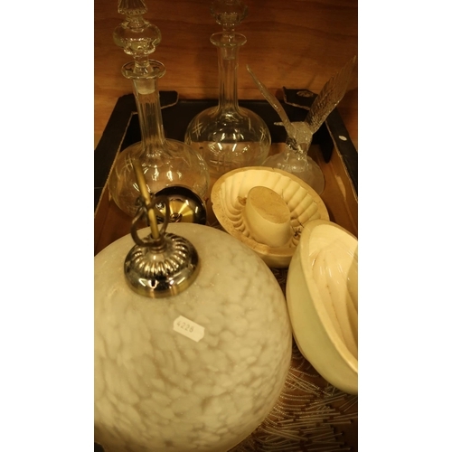 272 - Frosted glass centre light fitting dome with hanging pendants, stoneware jelly molds, glass decanter... 