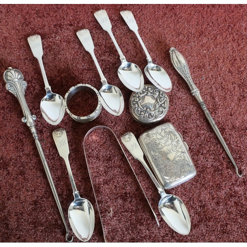 448 - Set of six silver hallmarked teaspoons, pair of silver hallmarked silver tongs, two silver hallmarke... 