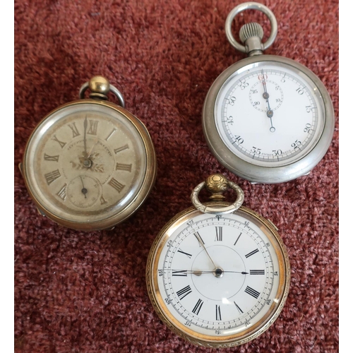 452 - Brass cased chronometer type pocket watch, stopwatch and a Superior Timekeeper brass cased pocket wa... 