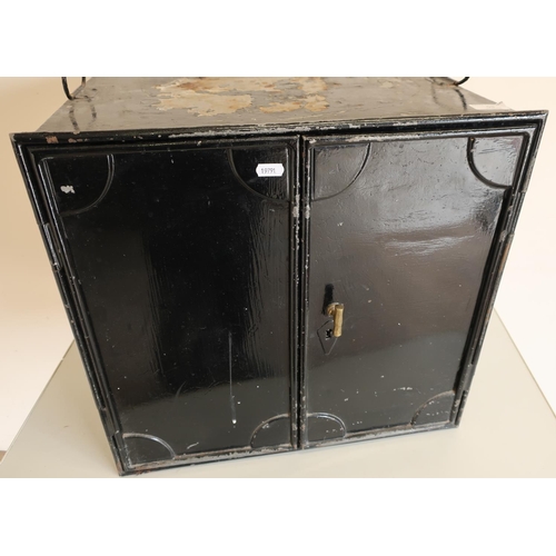 545 - Early 20th C Japped metal deed type box in the form of a safe with twin lift up carry handles, the f... 