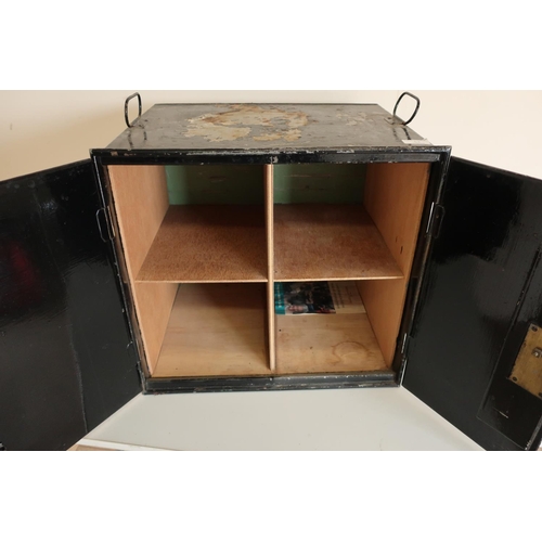 545 - Early 20th C Japped metal deed type box in the form of a safe with twin lift up carry handles, the f... 