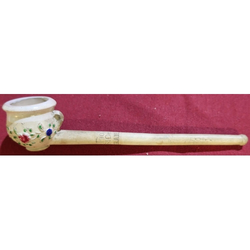 549 - Late 19th C French clay pipe, the bowl in the form of a chamber pot with painted floral detail, the ... 