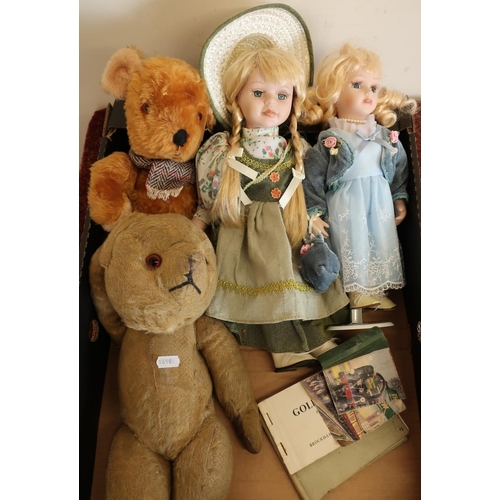 553 - Vintage teddy bear and other teddy bear, two dolls and a small selection of train related items incl... 