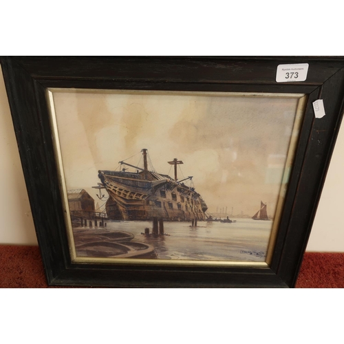 557 - Framed watercolour of mast-less ship by Oscar Parks 21-7-20