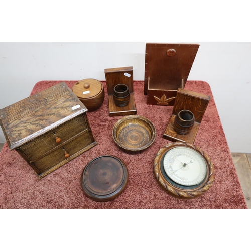 527 - Oak cased wall mounted barometer, various oak and other boxes, a pair of barrel bookends etc