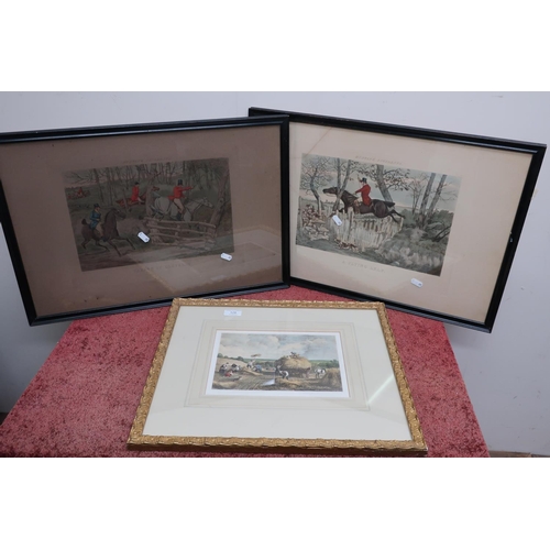 528 - Two coloured hunting prints and another gilt framed print (3)