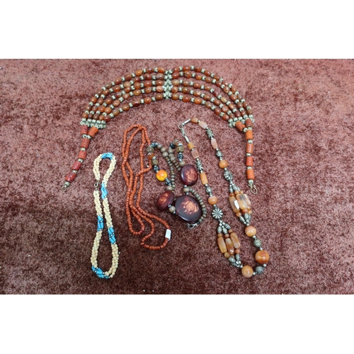 533 - Ethnic heavy coral Carnelian bead & turquoise panel necklace, a similar Carnelian & white metal bead... 