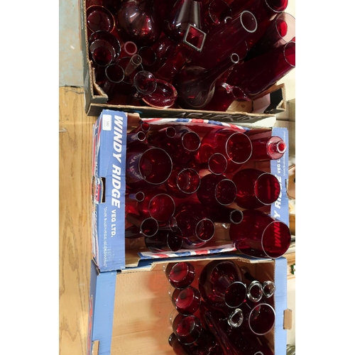 580 - Extremely large quantity of cranberry, ruby and other red glassware in three boxes