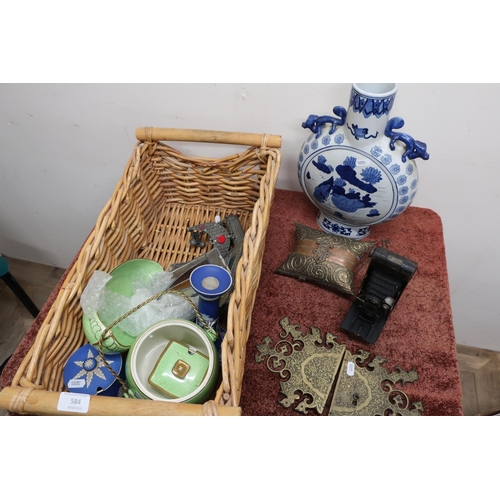 584 - Elaborate brass door lock plate, small lead glazed panels, Wedgwood blue & white Jasper ware candles... 