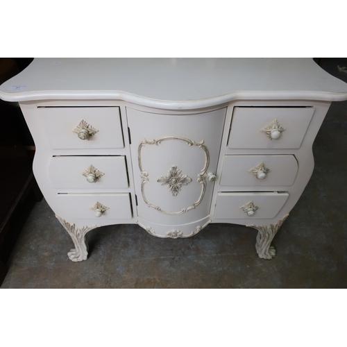 87 - Modern cream and gilt chest of six short drawers with central bow front cupboard door (90cm x 40cm x... 