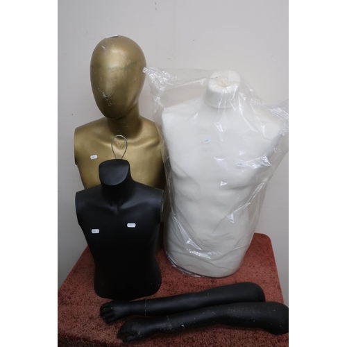 538 - Gold painted male torso mannequin and two other torso mannequins