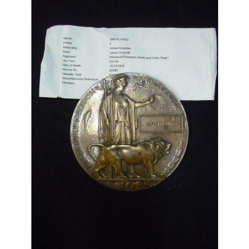 52 - WWI bronze memorial plaque from The Somme Offensive with research material to Alfred Smith of The Sh... 