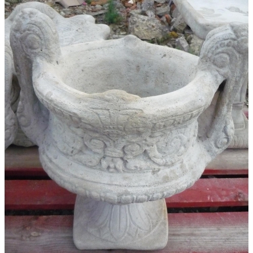 131 - Concrete garden urn on base with decorative handles