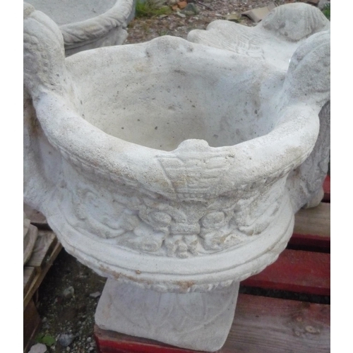 130 - Concrete garden urn on base with decorative handles