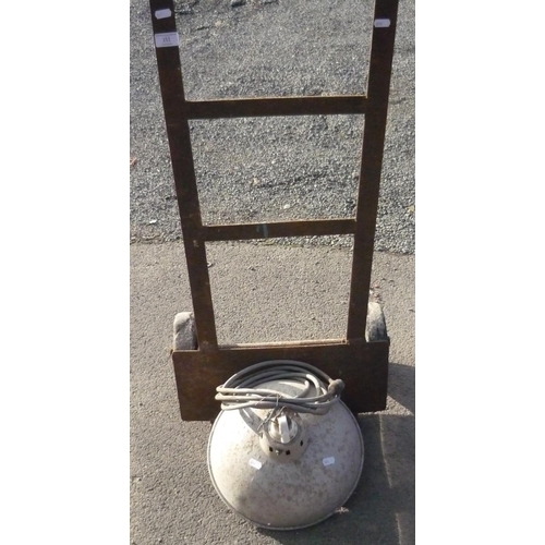 151 - Vintage metal sack barrow and a heated lamp