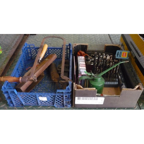 18 - Two boxes containing a quantity of quality drill bits, spanners, vintage oil dispensers etc