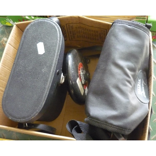 22 - Box containing two sets of binoculars, one in hard case and one in soft case and a 15m measuring tap... 