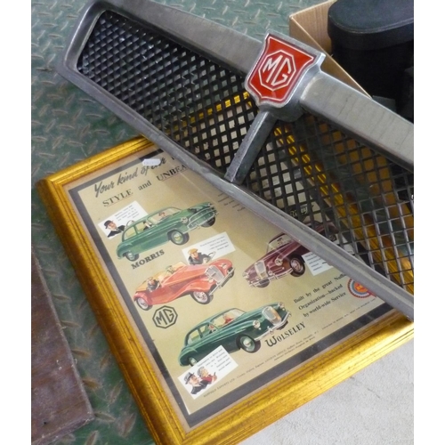 23 - Vintage mg radiator grill and a framed poster of vintage cars including Riley and Morris