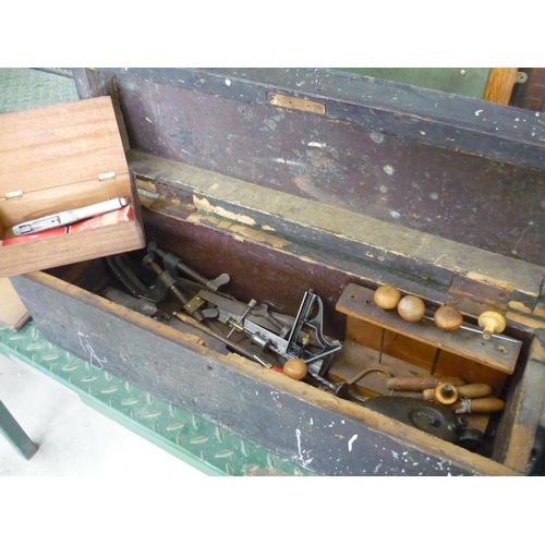 46 - Carpenters toolbox containing a variety of vintage tools including hammers, oil cans, files, G clamp... 