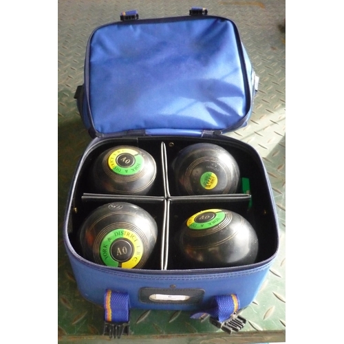 6 - Bag containing four York and district IBC bowls and falcon measurer