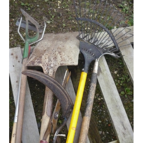 153 - Collection of garden tools including rakes, shears, sickle, shovel etc