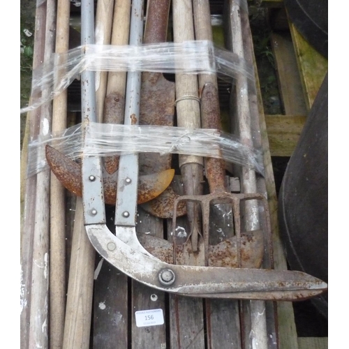 156 - Set of garden tools including hose, edging tool, shears and a set of wooden stepladders