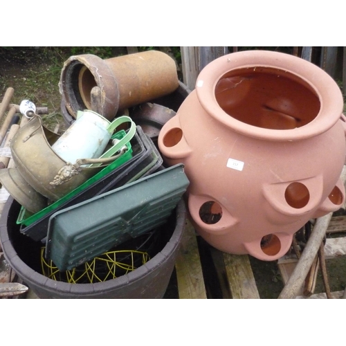 157 - Two plastic tubs containing hanging baskets, plastic seed trays, coal scuttle, terracotta piping and... 