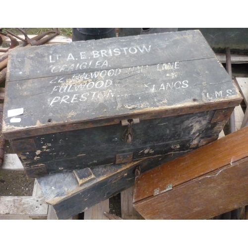 159 - Three vintage wooden boxes, one with the name Lieutenant A E Bristow of Preston, Lancashire