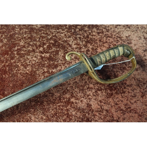 100 - Victorian sword with 33 inch slightly curved blade with white top strap and three bar half basket hi... 