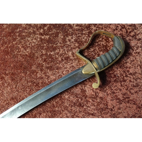 109 - 18th/19th C Sabre with 32 inch curved broad single fullered blade, with brass crosspiece and knuckle... 