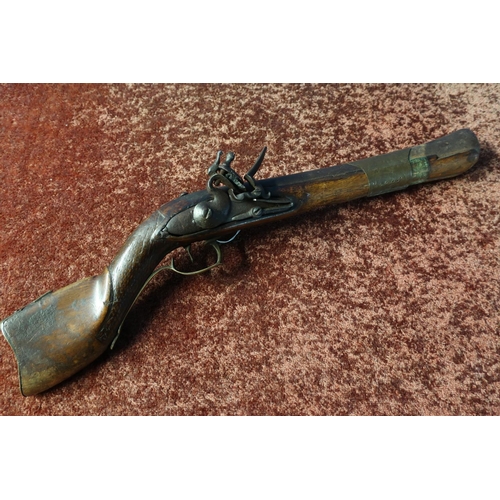 115 - 19th C flintlock knee Blunderbuss pistol with 11 1/2 inch flared muzzle barrel, cavalry style slide ... 