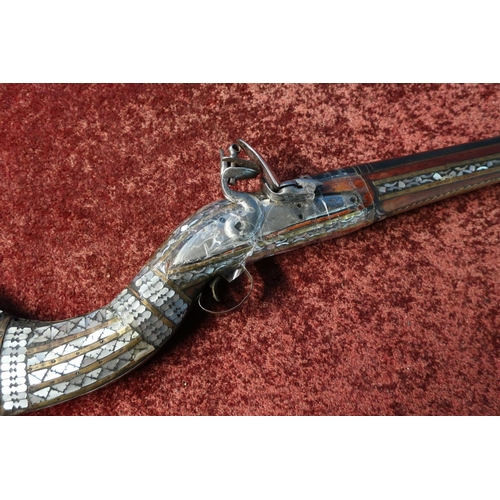 120 - Turkish flintlock long gun with 50 inch barrel and heavily inlaid brass and Mother of Pearl stock