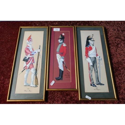 123 - Three framed and mounted over painted prints of British soldiers from 1812 and 1756