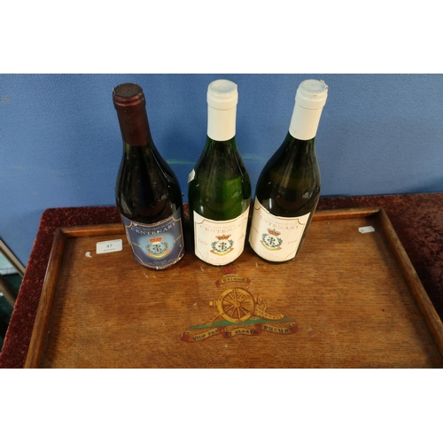 47 - Oak rectangular tray with Royal Artillery crest and three bottles of regimental wine Centenary Royal... 