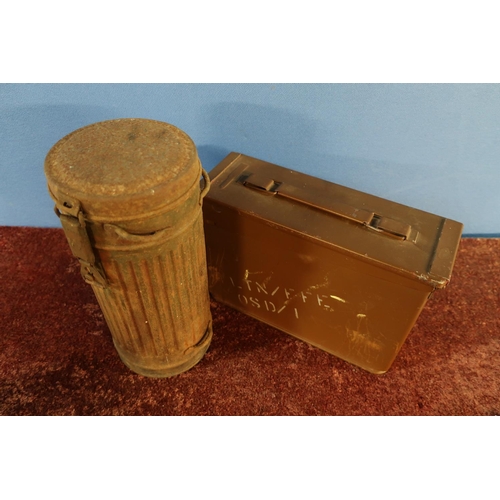 55 - WWII period German gas mask canister and a 250 Cart British Ammo tin (2)