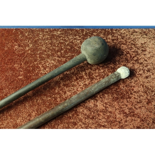 67 - African Zulu type Knobkerrie club with bulbous end (overall length 70cm) and another staff with lead... 