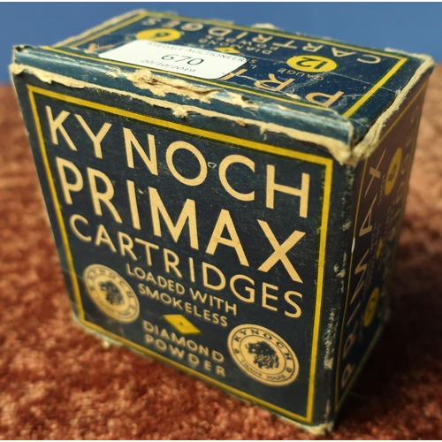 670 - Box of 25 Kynoch Primax 12 bore shotgun cartridges shot 6 (shotgun certificate required)