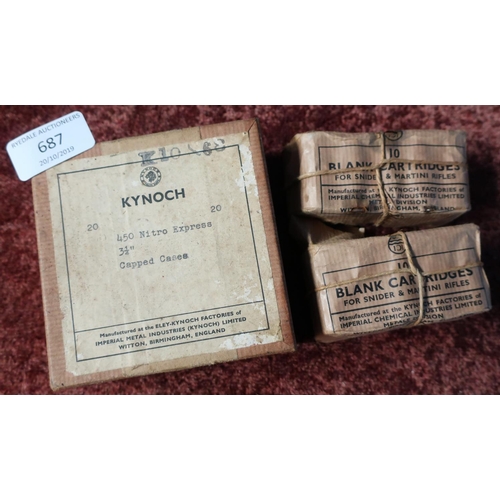 687 - Original Kynoch 450 Nitro Express 3 1/4 inch cap cases box (empty) and two 10 blank cartridge Kynoch... 