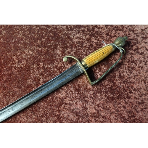 69 - 18th C short hanger type sword with 25 1/2 inch slightly curved broad and narrow fullered blade with... 