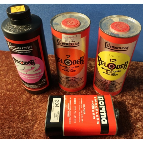 697 - Tin of Reloader rifle No 7 powder and No 12 powder, a Reloader 22 smokeless rifle powder and a Norma... 