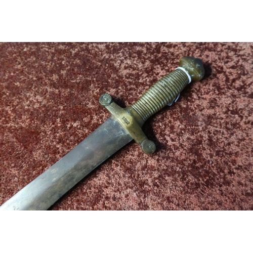 76 - 19th C French Gladius type Artillery sidearm with 19 inch swollen blade engraved with various detail... 