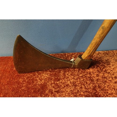 85 - Forged steel headsman type axe with 9 inch cutting edge blade stamped with various forge marks, with... 