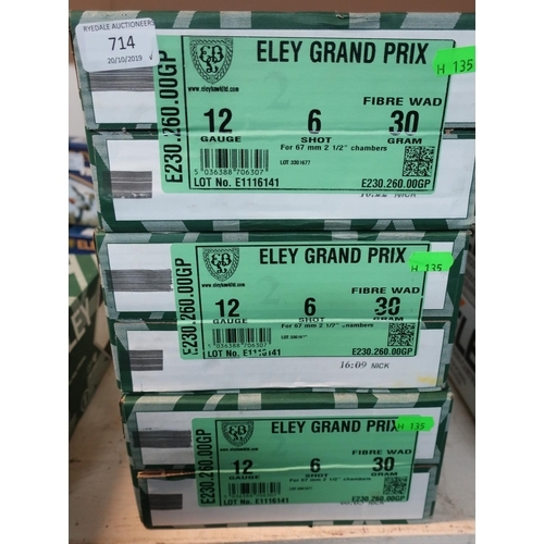 714 - 750 Eley Grand Prix 12 bore 6 shot 30grm 2 1/2 inch chambered fibre wad shotgun cartridges (shotgun ... 