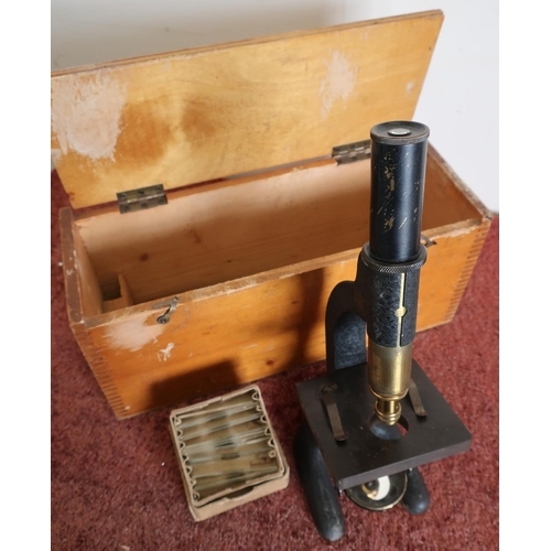 54 - Cased Luxima microscope with a selection of various slides and a wooden pen case containing a select... 