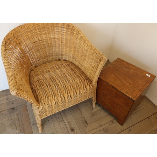 331 - Small wooden storage box with hinged top and a wickerwork chair (2)