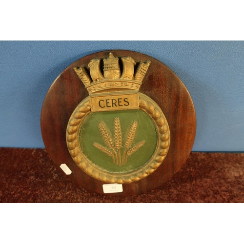 413 - Mounted cast metal naval crest plaque for 'CERES'